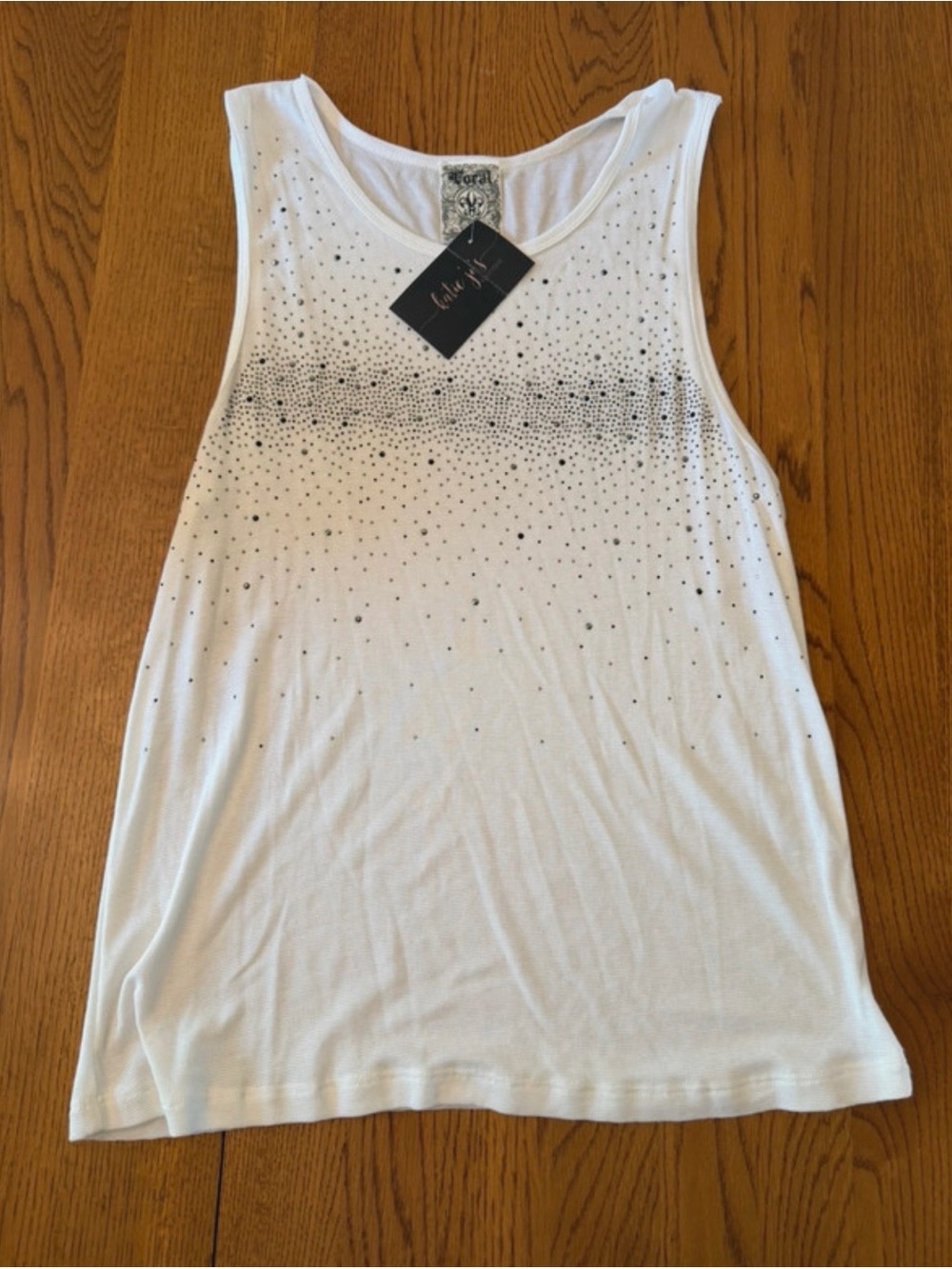 White Tank Top with Black Crystal Ombre Detail